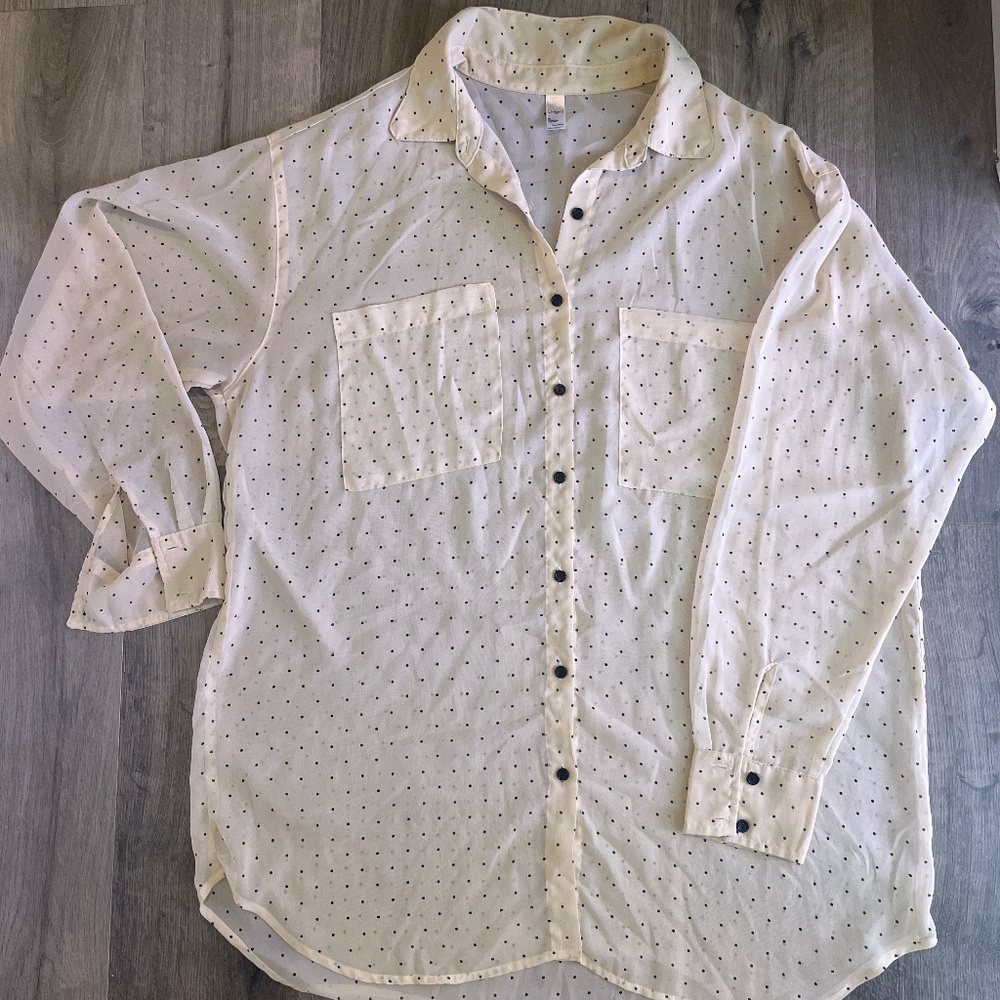 American Apparel chiffon oversized button down long sleeve blouse cream polkadot